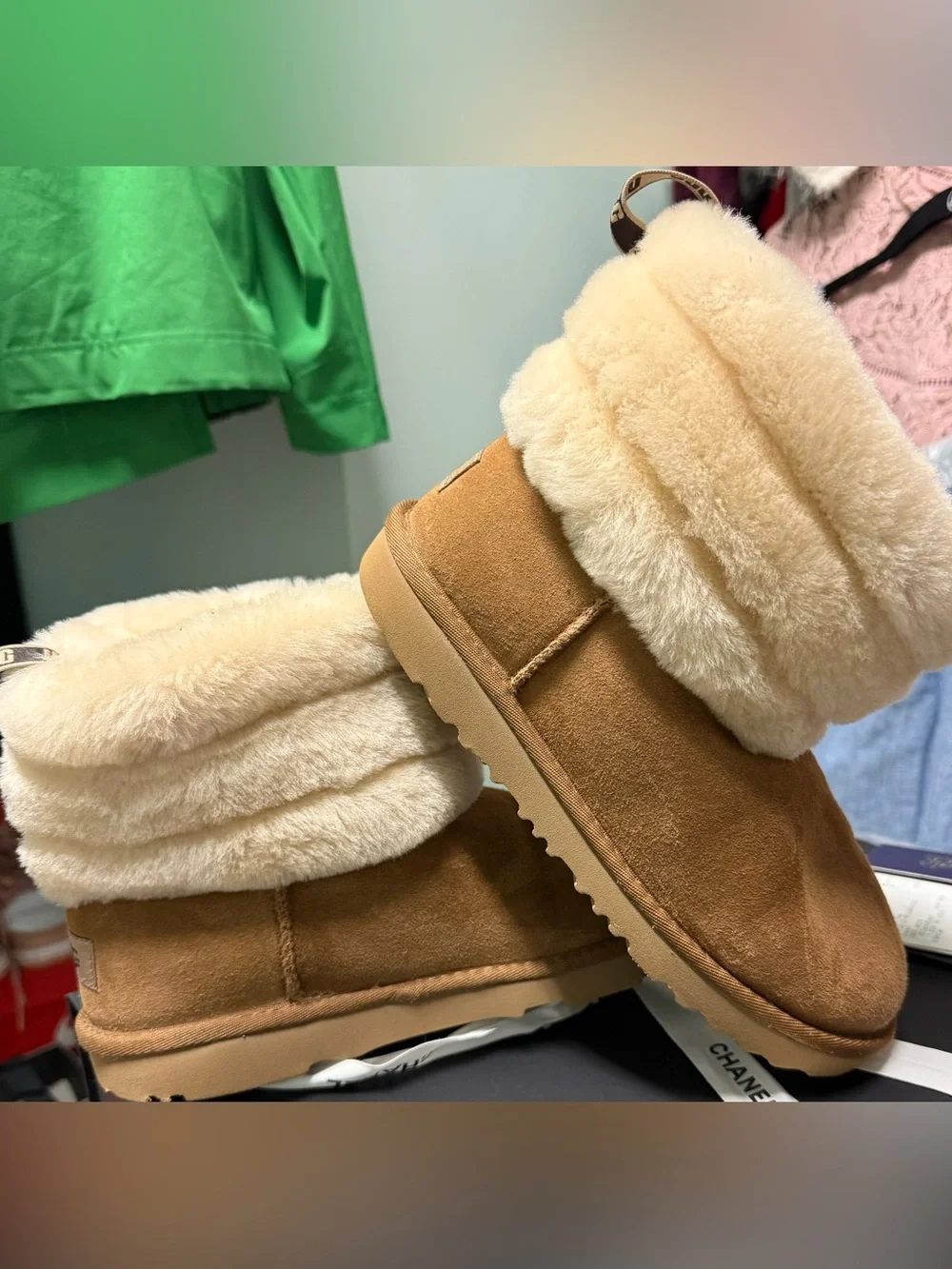 UGG Chestnut Suede Fold-Down Shearling Pull-On Boots